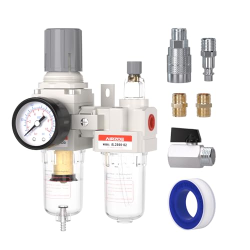 AIRZOE 1/4" NPT Air Filter Regulator Lubricator Combo AC2010-02 - color: Semi-auto Drain / White / Metal Coupler & Value, size: 1/4"NPT