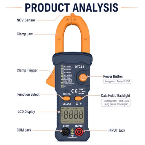 IZIO DT211 Mini Digital Clamp Meter, 600A AC Current Tester & 600V AC/DC Voltage Multimeter, True RMS, NCV Non-Contact Voltage Detector, Auto Range Resistance Capacitance Frequency Tester