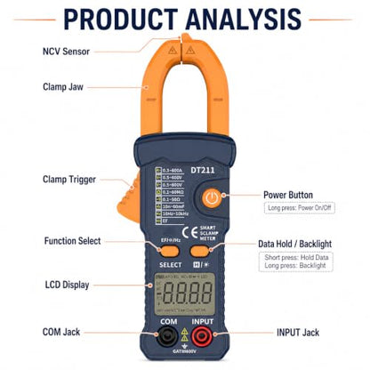 IZIO DT211 Mini Digital Clamp Meter, 600A AC Current Tester & 600V AC/DC Voltage Multimeter, True RMS, NCV Non-Contact Voltage Detector, Auto Range Resistance Capacitance Frequency Tester