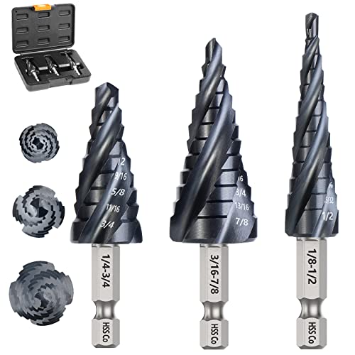 Matework 4 Spiral Flute Step Drill Bit Set, M35 Cobalt Unibit 3Pcs - size: 1/8"-7/8"