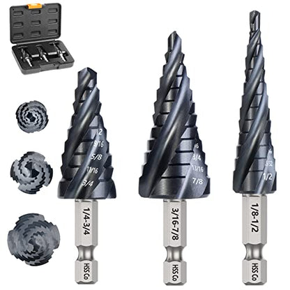 Matework 4 Spiral Flute Step Drill Bit Set, M35 Cobalt Unibit 3Pcs - size: 1/8"-7/8"