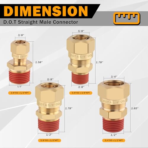 5PCS Brass DOT 1/4" Tube x 1/4" NPT Compression Union Nylon Tubing - size: 1/4" OD x 1/4" NPT, style: Straight Male NPT Thread-5PCS