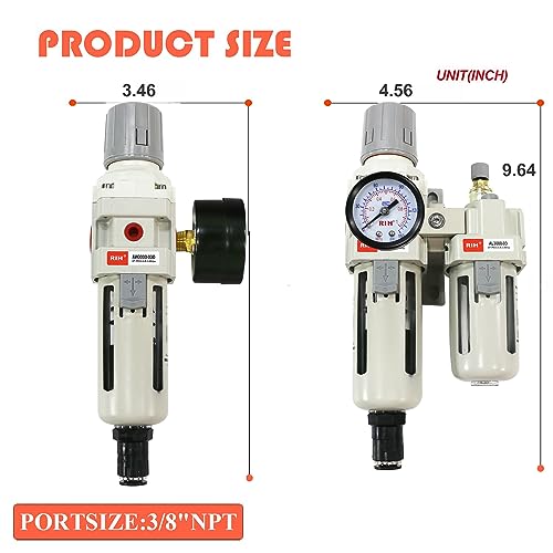 RIH Pneumatics Compressed Air Filter Regulator Lubricator Combo Water/Oil Trap Separator - Gauge(0-150 psi), Semi-Auto Drain, Poly Bowl,Bracket - 3 in 1 Two Unit (3/8“ NPT Auto Drain) - size: 3/8“ NPT Auto Drain