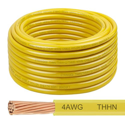 THHN Wire 4 Gauge 50 FT, 4 AWG Stranded OFC Copper Electrical Building Wire with Nylon Jacket PVC Insulation, Rated 600V for Residential, Industrial, CNC, Ground (4 Gauge, Yellow) - color: Yellow, size: 4 AWG 50FT