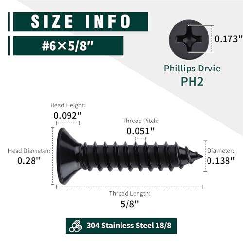 #6 x 5/8" Flat Head Phillips Sheet Metal Tek Screws, 304 Stainless Steel 18-8, Black Oxide Coated Finish, Corrosion Resistant Flat Head Wood Screws, 100 PCS - size: #6 x 5/8"