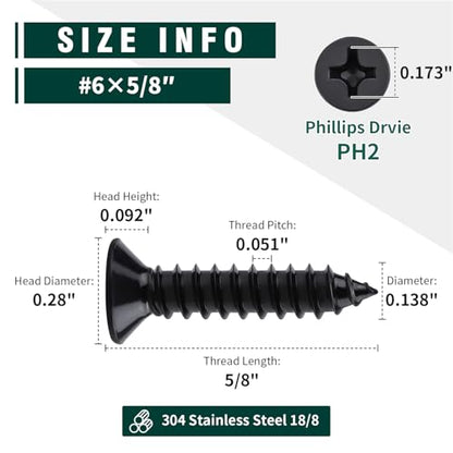 #6 x 5/8" Flat Head Phillips Sheet Metal Tek Screws, 304 Stainless Steel 18-8, Black Oxide Coated Finish, Corrosion Resistant Flat Head Wood Screws, 100 PCS - size: #6 x 5/8"