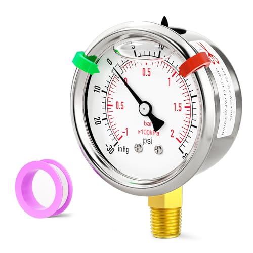 Glycerin Filled Vacuum Pressure Gauge-30-30psi Stainless Steel 1/4" NPT 2.5" Dial, for LowerMounting Designed for Pressure Testing of Water, Oil and Air (with Range Mark Pointer) - size: -30inHG-30Psi
