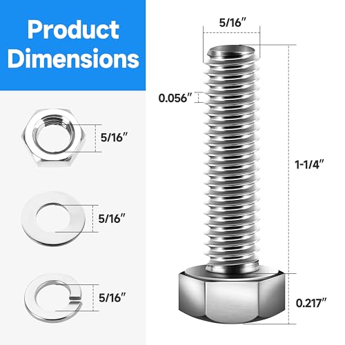 (10 Sets) 3/8 Bolt, 3/8-16 x 1-1/4" Hex Head Screws, Assorted Screws Nuts and Bolts with Flat & Lock Washers, 3/8 Bolts and Nuts Set, 304 Stainless Steel 18-8 by Marysino - color: (Silver)-3/8, size: 1-1/4"