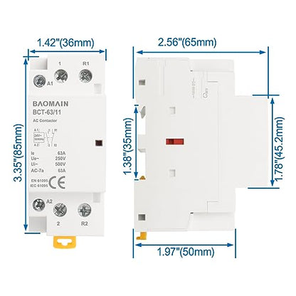 BAOMAIN 24V AC 2-Pole 63A Modular Contactor, 1NO1NC, DIN Rail Mount