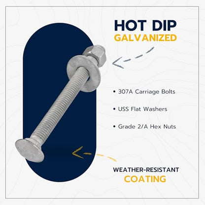 1/2" x 5" (25 Pack) Galvanized Carriage Bolt Kit Grade 307A Includes 1/2" USS Flat Washers (25 pcs) and 1/2"-13 Hex Nuts (25 pcs), Hot Dip Galvanized for Exterior Use by Makers Bolt - size: 1/2 x 5