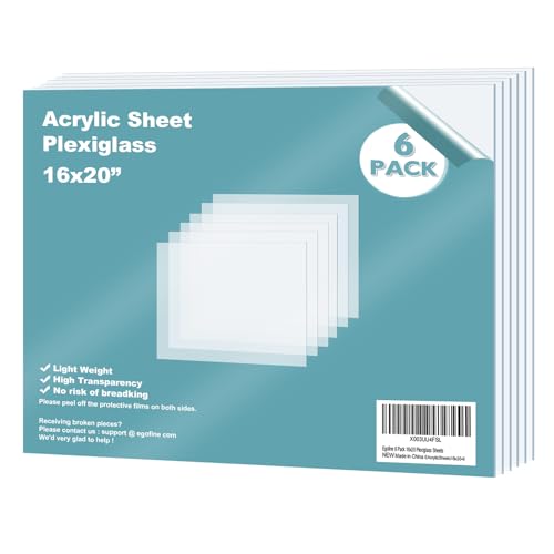 Egofine Plexiglass Sheets Acrylic Sheets 6 Pack of 16x20’’ 0.04 Thick Clear Plastic Cast Transparent Plexi Glass for Crafting Projects, Replacement Picture Frame Glass, DIY Display, Easy to Cut - color: Clear, size: 16x20"
