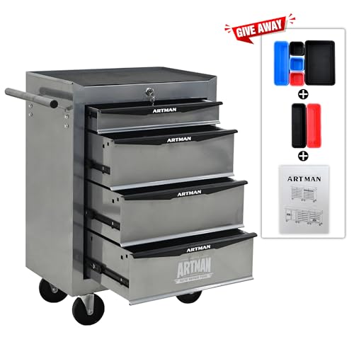 4-Drawer Rolling Tool Chest, Lockable for Garage, Silver - color: Silver, size: 4-Drawers