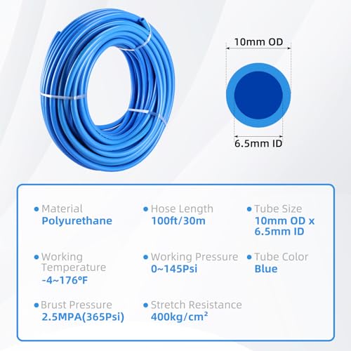 100ft 10mm OD 6.5mm ID Polyurethane PU Air Hose Pipe Tube Kit - Air Line Tubing and Push to Connect Fittings - size: 10mm OD - 100ft/30m
