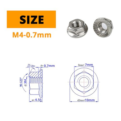 M4-0.7mm (100 Pcs) Serrated Hex Flange Lock Nuts, 304 Stainless Steel Bright Finish Full Thread Hex Drive - size: M4(100PCS)
