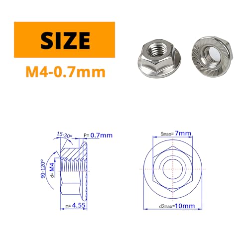 M4-0.7mm (100 Pcs) Serrated Hex Flange Lock Nuts, 304 Stainless Steel Bright Finish Full Thread Hex Drive - size: M4(100PCS)