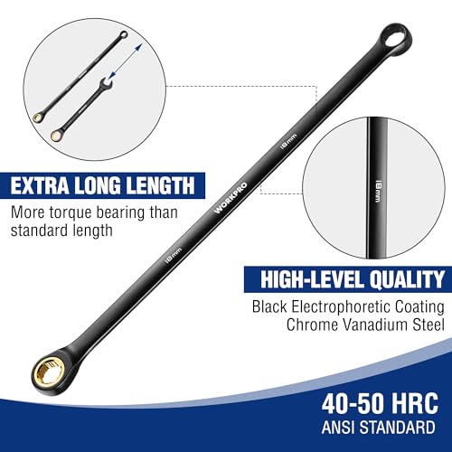 WORKPRO Extra Long Ratcheting Wrench Set, 10-Piece Anti-Slip Double Box Wrenches Set, Metric 8-19 mm, 72-Teeth, Cr-V Steel and Black Electrophoretic Coating Wrenches with Rolling Pouch - size: Metric