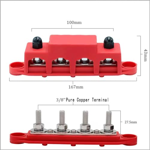 275A Bus Bar 12V 4 Post 3/8" Tinned Copper Heatproof Marine RV Solar - color: Red and Black