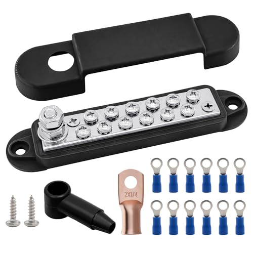 Ampper 1/4" Stud Power Distribution Block Bus Bar 12 x #8 Screw Kit, Black - color: Black, size: Plated Brass Kit