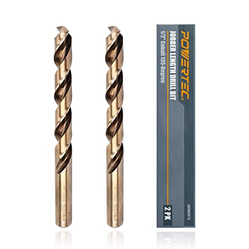 POWERTEC 1/2" M35 Cobalt Drill Bit Set, 135° Split Point, 2PK (QDB2012) | 6" jobber Length M35 HSS Twist bits with 135° Split Point tip. Ideal for Metal, Stainless Steel, cast Iron & Nickel Alloy. - style: 2PK 1/2" Cobalt Drill Bit (6" Length)