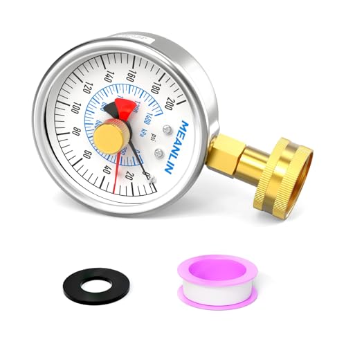 MEANLIN MEASURE Stainless Steel 0~200Psi 3/4" Female Water Pressure Test Gauge, 2.5" FACE DIAL with Red Indicator Hands, Dry Hydraulic Tester Suitable for Gardens, Water Pipes - color: Silver, size: 0-200Psi (Red Pointer)