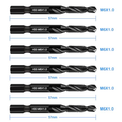 DKIBBITH 6 Packs M6 Combination Drill & Taps Bit Set, Screw Threading Tapping Tools in Size M6*1.0 with Anti-Rust Black Coating, 1/4" Hex Shank and Storage Case - size: M6x1.0