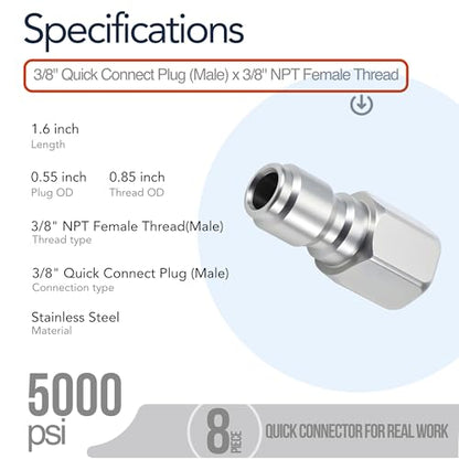 3/8 Inch Pressure Washer Quick Connect Fittings, Stainless Steel, 8-Piece - color: 8 Piece