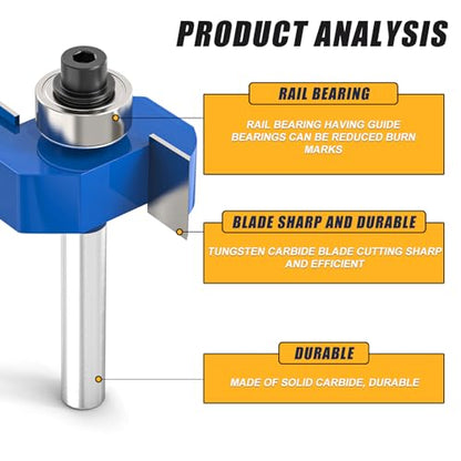 4Pcs Rabbet Router Bit 1/4" Shank with 6 Bearings Set - 1/16", 3/16", 1/4", 5/16", 3/8", 7/16". Interchangeable Bearings with 1/2" to 1/4" Router Collett