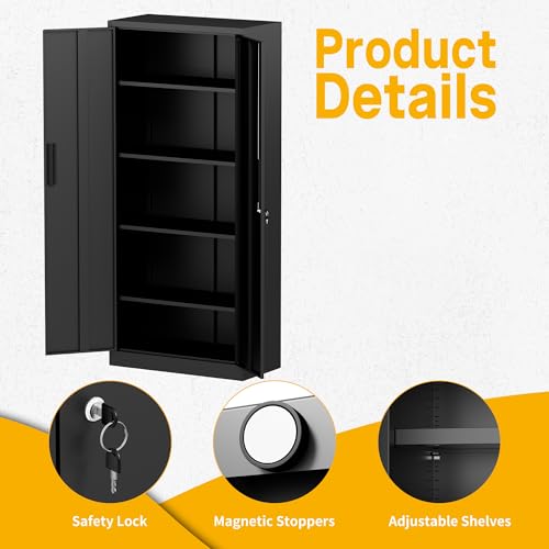 Metal Storage Cabinet with 2 Doors and 4 Adjustable Shelves, 71" Garage Storage Cabinet with Anti-Tipping Design, Lockable Garage Cabinets for Office, Home, Garage, Gym, School - size: 70.87"H x 15.75"D x 31.5"W
