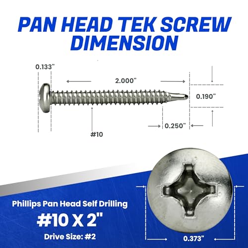 Fastenere Pan Head Self Drilling Tek Screws -#10 x 2 (50 Pack) Stainless Steel 410, Full Thread, Bright Plain Finish, Corrosion-Resistant, Self-Drilling, Easy to Install w/Phillips Drive Size #2 - size: #10 x 2" (50 Pack)