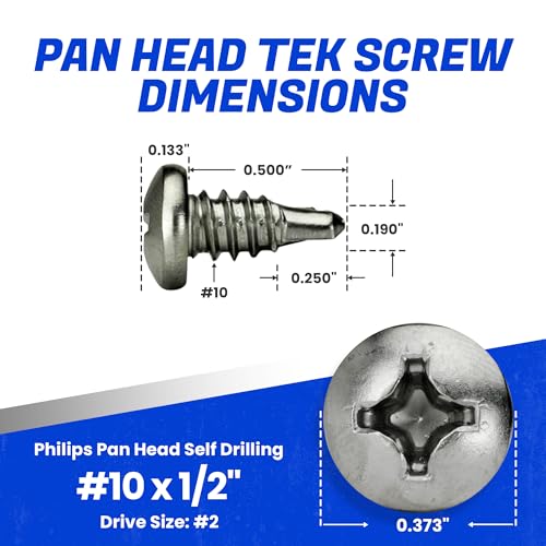 Fastenere Pan Head Self Drilling Tek Screws - #10 x 1/2" (50 Pack) Stainless Steel 410, Full Thread, Bright Plain Finish, Corrosion-Resistant, Self-Drilling, Easy to Install w/Phillips Drive Size #2 - size: #10 x 1/2" (50 Pack)