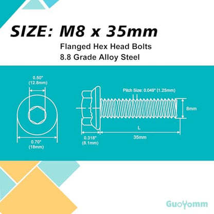 M8 x 35mm 12pcs Flanged Hex Head Bolts, M8 x 1.25 Bolts, Flange Hexagon Head Screws, 8.8 Grade Alloy Steel, Yellow Zinc Plated, Metric Fully Thread - size: M8 x 35mm(12PCS)