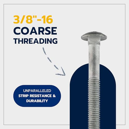 3/8" x 8" (50 Pack) Galvanized Carriage Bolt Kit, Grade 307A, Hot Dip Galvanized for Exterior Use by Makers Bolt - size: 3/8 x 8