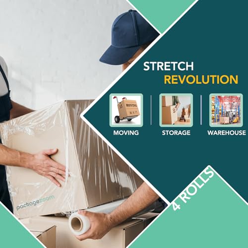 PackageZoom 4 Rolls Clear Stretch Wrap Film 18” x 1500 feet Plastic Wrap for Moving, Packing, Shipping & Storage Heavy Duty Industrial Cling Film for Boxes and Furniture - size: 18" wide x 1500 ft x 4 Rolls
