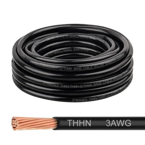 THHN Wire 3 Gauge 25 FT, 3 AWG Stranded OFC Copper Electrical Building Wire with Nylon Jacket PVC Insulation, Rated 600V for Residential, Industrial, CNC, Ground (3 Gauge, Black) - color: Black, size: 3 AWG 25FT