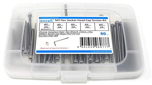 iexcell 50 Pcs M3 x 40/45/50/55/60mm Thread Pitch 0.5 mm Stainless Steel 304 Hex Socket Head Cap Screws Bolts Assortment Kit - size: M3 x 40/45/50/55/60mm