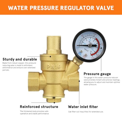 NOLITOY 1/2 inch Adjustable Copper Water Pressure Regulator with Gauge
