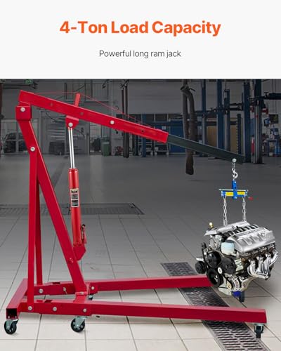 VEVOR 4 Ton Hydraulic Long Ram Jack, Cherry Picker Ram with Single Piston Pump, Manual Engine Hoist Cylinder with Handle and Flat Base, for Garage & Engine Lifting, Red - color: Red