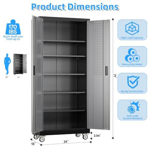 Reemoon 71" H Metal Garage Storage Cabinet with Wheels,Pegboard,Shelves - color: Black-dark Grey, size: 18"D x 34"W x 71"H