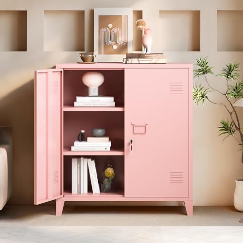 MIOCASA Metal Storage Cabinet with Locking Double Doors, Lockable Steel Cabinet with Adjustable Shelves for Home Office, Garage, Coffee Bar, Entryway - color: Pink