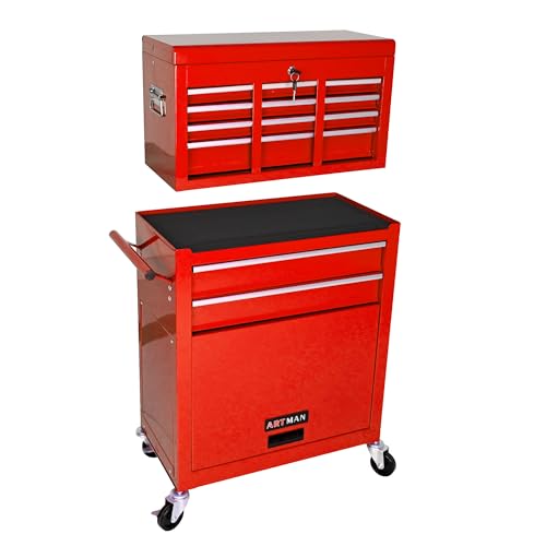 Red 8-Drawer Heavy Duty Tool Chest with Ball Bearing Drawers, Central Locking & 4 Wheels (2 Brakes) - Rolling Garage Storage Cabinet - color: Red, size: 24.2 x 13 x 42.8