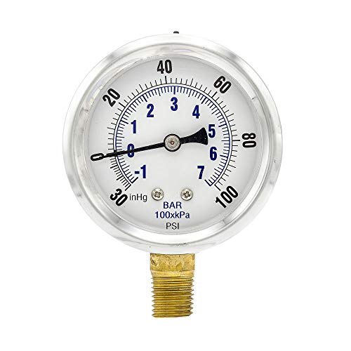 PIC Gauges PRO-201L-254CE 30-0-100 PSI Pressure Gauge, 2 1/2" Dial, 1/4" Male NPT Connection, Bottom Mount, Dual Scale, Glycerin Filled, Stainless Steel Case/Bezel, Brass Internals & Plastic Lens - style: 30-0-100 Hg Vac PSI
