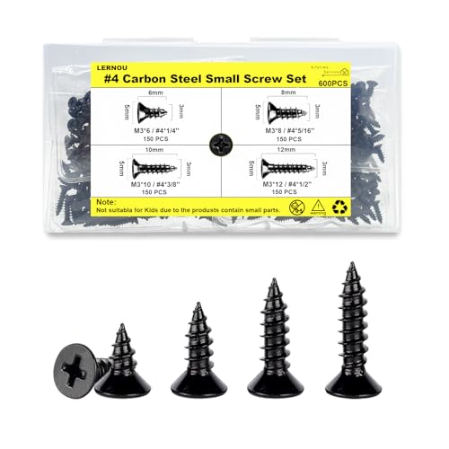 #4 Flat Head Wood Screws Assortment Kit 600Pcs, Black Carbon Steel - color: Black, size: #4-600pcs