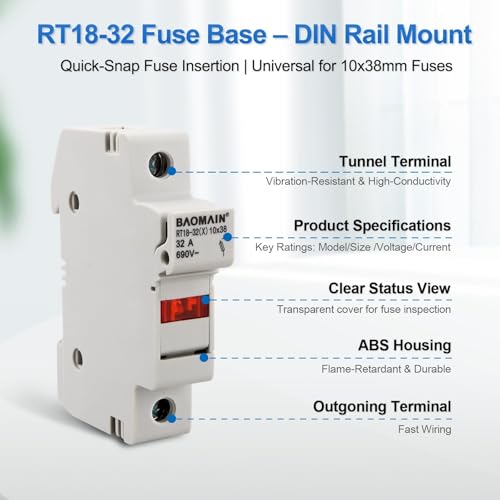 BAOMAIN 5-Pack 1P 690V DIN Rail Fuse Holder for 10x38mm Fuse,UL Recognized