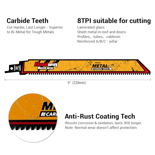 9-Inch Carbide Reciprocating Saw Blades for Metal, 8 TPI, 3-Pack - size: 9inch