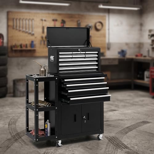 13‑Drawer Rolling Tool Chest with Double Door & Side Storage Shelf, 2‑in‑1 Detachable Lockable Metal Tool Cabinet with Wheels, Large Capacity Tool Box for Garage, Gift for Men Dad Husband Father-Black - color: Black
