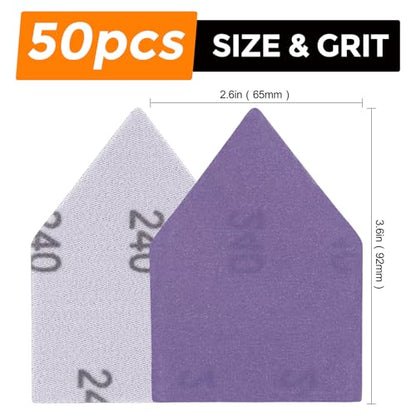 POLIWELL Triangle Sanding Sheets 50PCS 90x65mm Ceramic Alumina - size: 240 Grit
