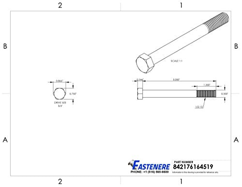 1/2-13 x 5 Hex Head Cap Screw Bolts, External Hex Drive, Stainless Steel 304, Partially Threaded, Stainless Steel, Quantity 5 By Fastenere - size: 1/2-13 x 5 Inch (5 Pack)