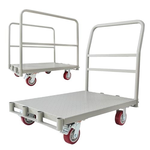 2-in-1 Steel Panel Truck Cart 2200 lbs Capacity, Heavy Duty Platform Truck Carts with 4 Side Handrails and 4 Swivel Casters, Flatbed Carts Lumber Drywall Cart for Handling and Storage, Grey