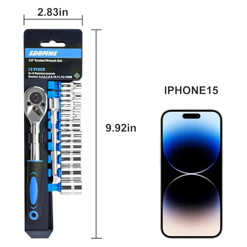 Egofine 12pcs 1/4 Inch Mini Ratchet Socket Wrench Set, Drive Socket Set with 10 Sockets (4-13mm) and 2 Way Quick Released Ratchet Handle and Extension Bar, Blue - color: 12pc Blue Standard Socket Set, size: 1/4