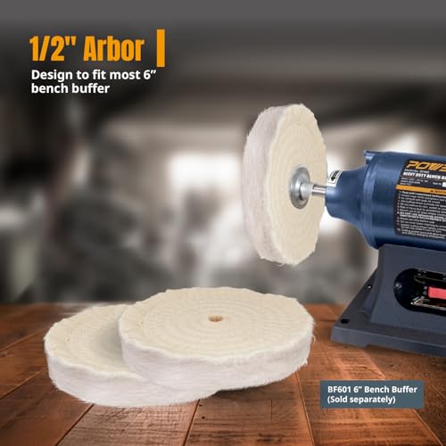 POWERTEC 6 Inch Buffing & Polishing Wheels (80 Ply) 2 Pack, Extra Thick Buffer Wheels w/ 1/2" Arbor Hole for Bench Buffer Polisher and Bench Grinder (71630) - size: 6 inch, 2 pack